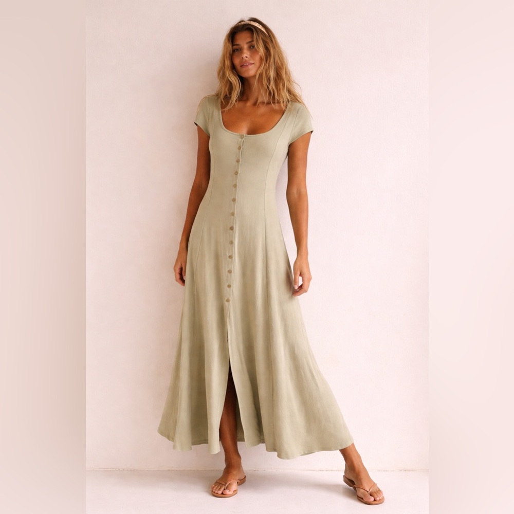 Free People Magnolia Midi Dress XL Light Sage Button Down Ribbed Classic